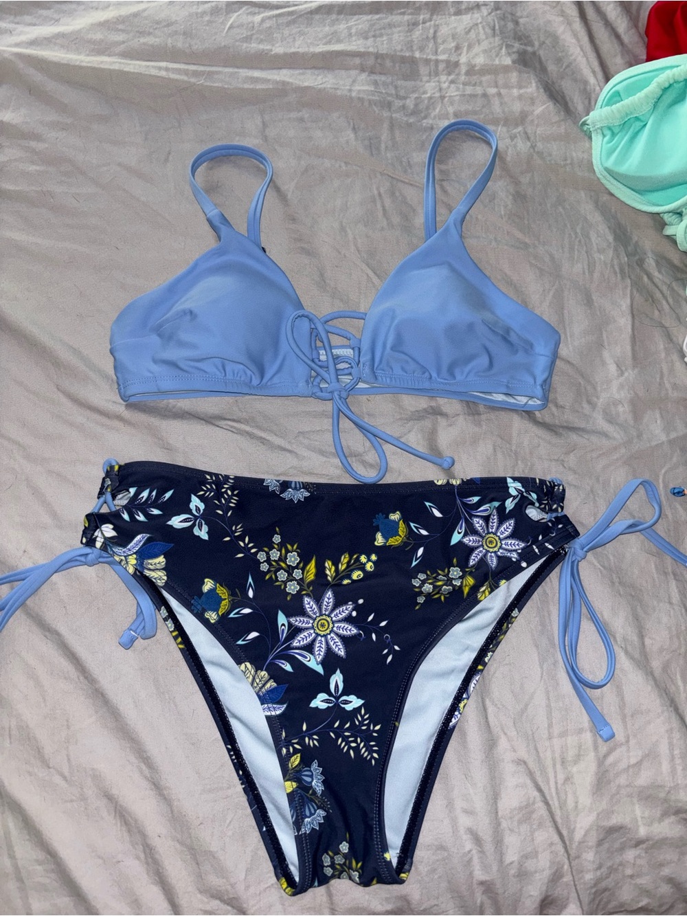 Cupshe Light Blue Triangle Top with Navy Floral Tie-Side Bottoms